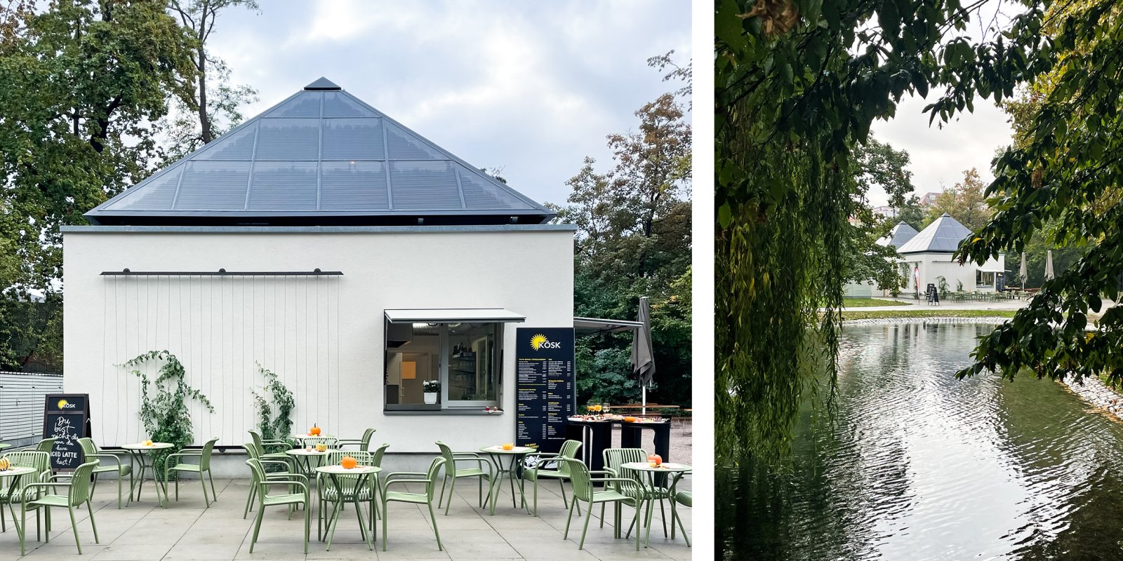 Kiosk im Unteren Schlossgarten Stuttgart mit Außengastronomie und Blick über den Parksee