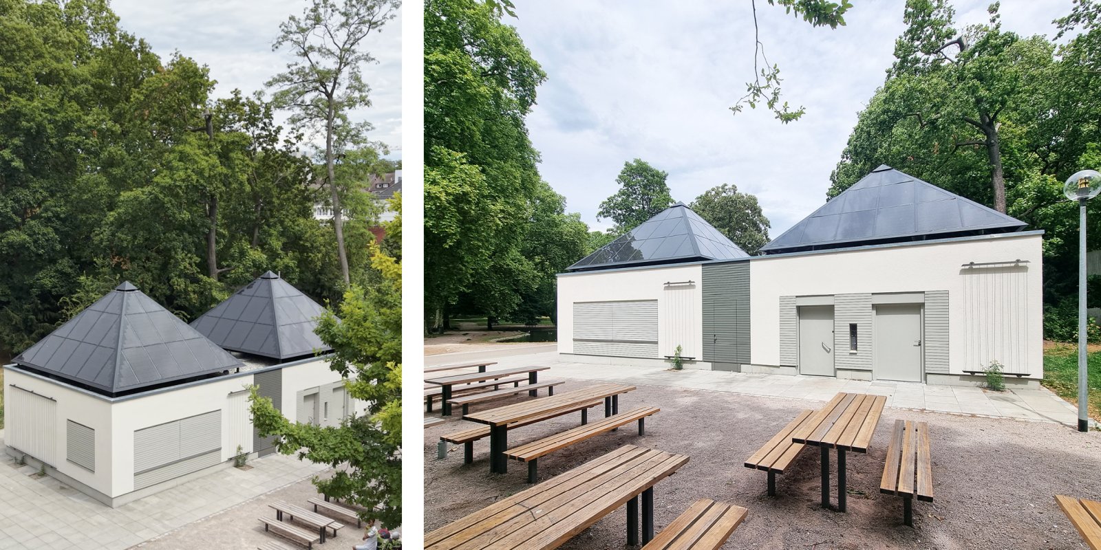 Kiosk im Unteren Schlossgarten Stuttgart mit Sitzbereich und pyramidenförmigen Photovoltaikdächern