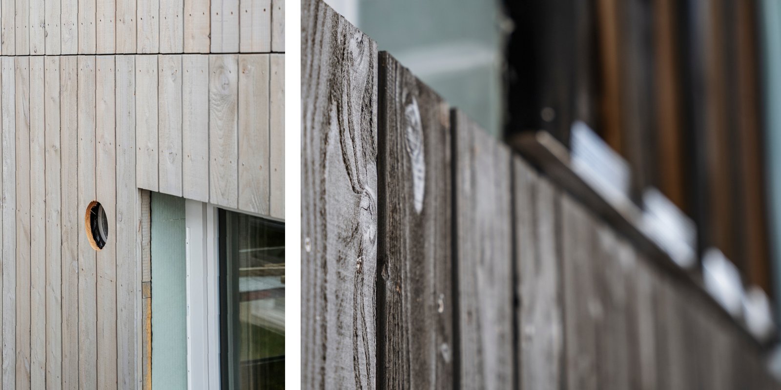 Detailansicht der Holzfassade am Neubau für Landesbedienstete in Stuttgart-Möhringen.