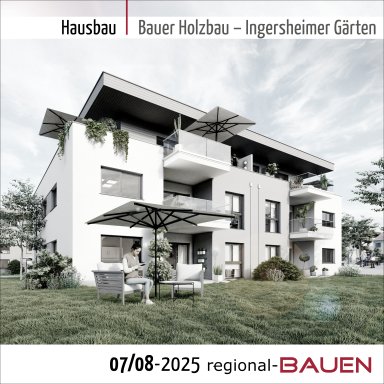 Visualisierung eines modernen Mehrfamilienhauses des Projekts Ingersheimer Gärten von Bauer Holzbau mit großzügigen Balkonen, Dachüberständen und begrünten Außenbereichen.